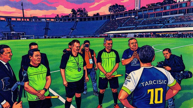 Secretário Gilberto Kassab (de juiz) e o governador Tarcísio de Freitas antes de jogo da Associação Paulista dos Municípios, no Pacaembu (Foto: Divulgação)