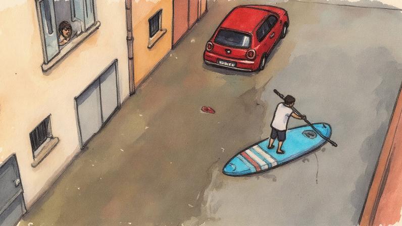 Homem foi registrado usando um stand up paddle pelas ruas alagadas da cidade para se locomover (Foto: Reprodução/X)