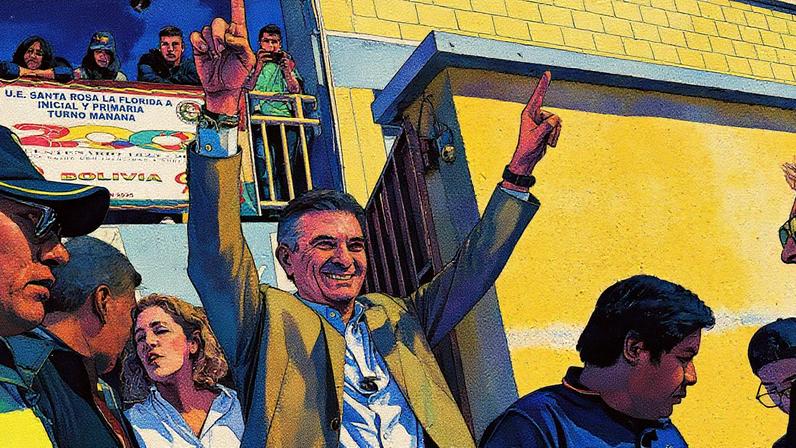 Rodrigo Paz acena após acompanhar sua filha Catalina para votar nas eleições presidenciais em La Paz, Bolívia, domingo, 17 de agosto de 2025. (Foto: AP/Freddy Barragan)
