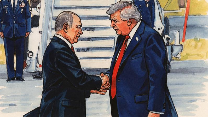 Presidentes da Rússia, Vladimir Putin (esq.), e dos Estados Unidos, Donald Trump (dir.), cumprimentando-se na cúpula do Alasca, nesta sexta-feira, 15. Guerra na Ucrânia foi tema de encontro entre os dois líderes (Foto: ANDREW CABALLERO-REYNOLDS)