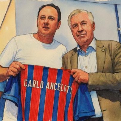 Ancelotti assiste Bahia x Santos e recebe camisa de Rogério Ceni