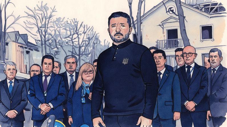 O presidente da Ucrânia, Volodymyr Zelensky, fala à imprensa enquanto diplomatas o acompanham, perto de um prédio residencial destruído após um ataque com mísseis russos em Kiev, em 25 de abril de 2025, em meio à invasão russa da Ucrânia (Foto: Tetiana DZHAFAROVA/AFP)