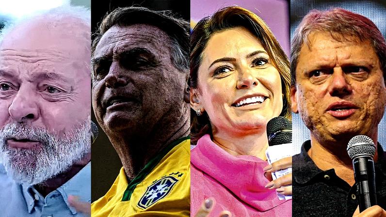 O presidente Luiz Inácio Lula da Silva; o ex-presidente Jair Bolsonaro; a ex-primeira-dama Michelle Bolsonaro; e o governador de São Paulo, Tarcísio de Freitas (Foto: Reprodução)