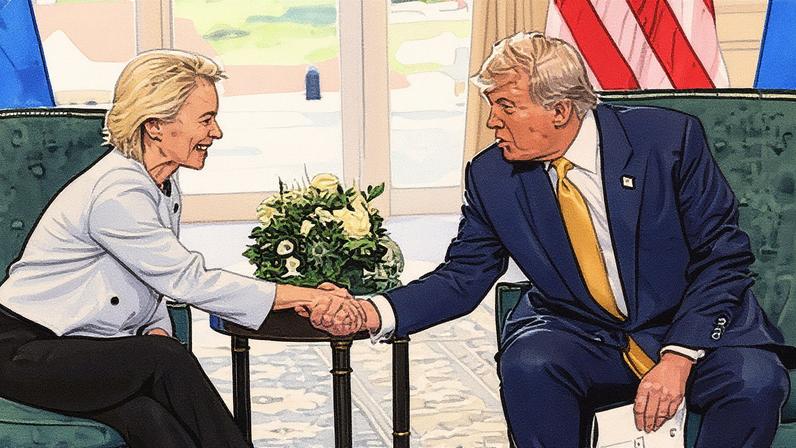 Ursula von der Leyen e Donald Trump durante a negociação final do acordo comercial em Escócia (Foto: Reprodução)