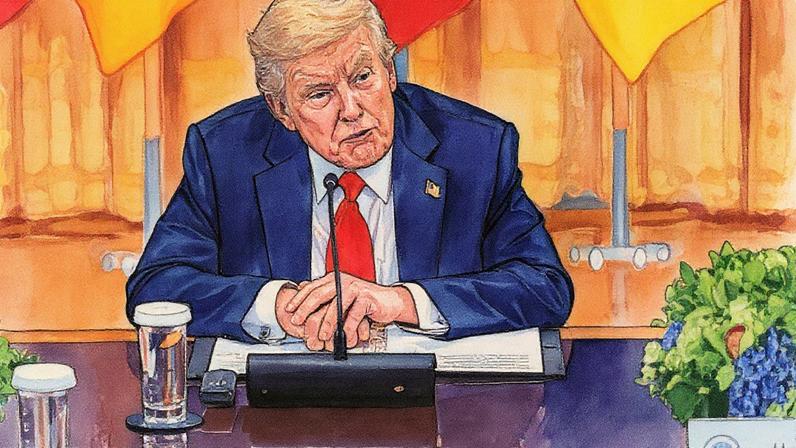 O presidente dos EUA, Donald Trump, fala durante uma reunião multilateral com líderes europeus na Sala Leste da Casa Branca em Washington, DC, EUA, na segunda-feira, 18 de agosto de 2025. (Foto: Aaron Schwartz/CNP/Bloomberg via Getty Images)