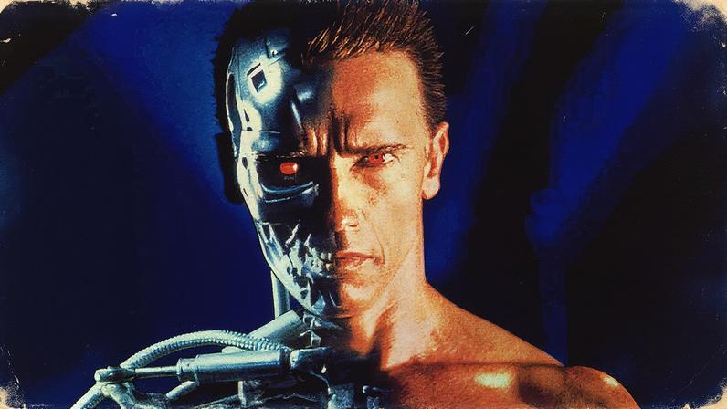 Arnold Schwarzenegger como um cíborg assassino em imagem promocional de 'Terminator' (1984) (Foto: Reprodução)