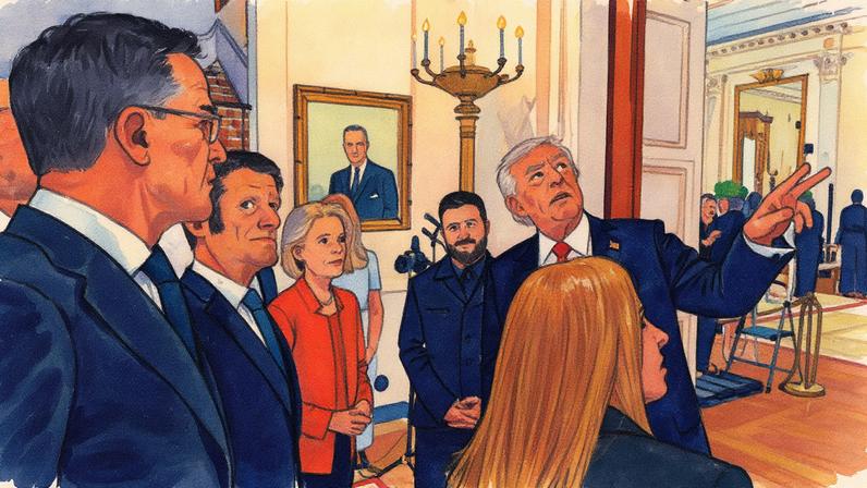 Donald Trump guia os líderes europeus pela Casa Branca, que se reuniram com ele no dia 18 de agosto, em uma imagem divulgada pela presidência ucraniana. (Foto: presidência ucraniana)