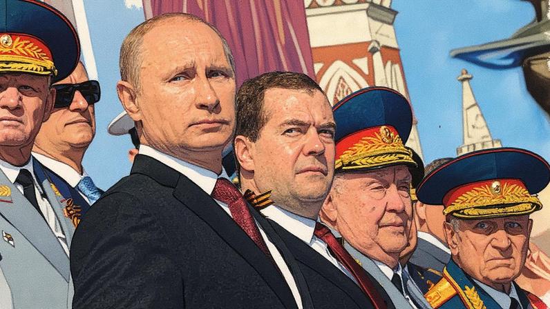 Vladímir Putin e Dmitri Medvédev observam um desfile pelo 69º aniversário da vitória sobre a Alemanha nazista na II Guerra Mundial na Praça Vermelha de Moscou, em 9 de maio de 2014. (Foto: MIKHAIL KLIMENTYEV/efe)