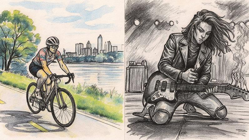 Teste do Nano-Banana feito pela equipe do Estadão. Os comandos usados foram (da esq. para à dir.): faça uma imagem de uma ciclista mulher pedalando em uma ciclovia ao lado de um rio; faça uma imagem de guitarrista cabeludo colocando fogo na guitarra em cima do palco; faça um pássaro voando no céu de São Paulo; (Foto: Gemini 2.5 Flash image/Reprodução)