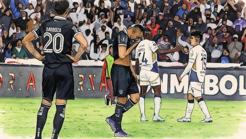 Arthur Cabral e Alexander Barboza, do Botafogo, lamentam derrota para a LDU, por 2 a 0, que causou a desclassificação da Libertadores 2025 (Foto: Franklin Jacome/Getty Images)