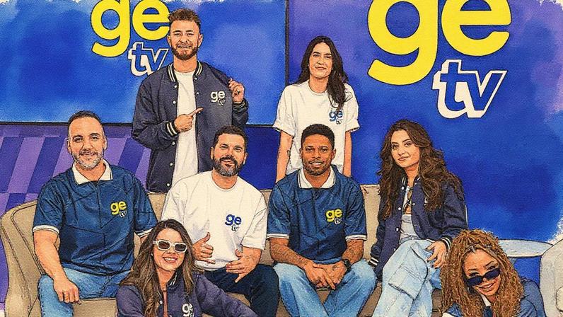 Equipe da Ge TV apresenta o time responsável pelo projeto na internet, com membros em pé e sentados (Foto: Reprodução)