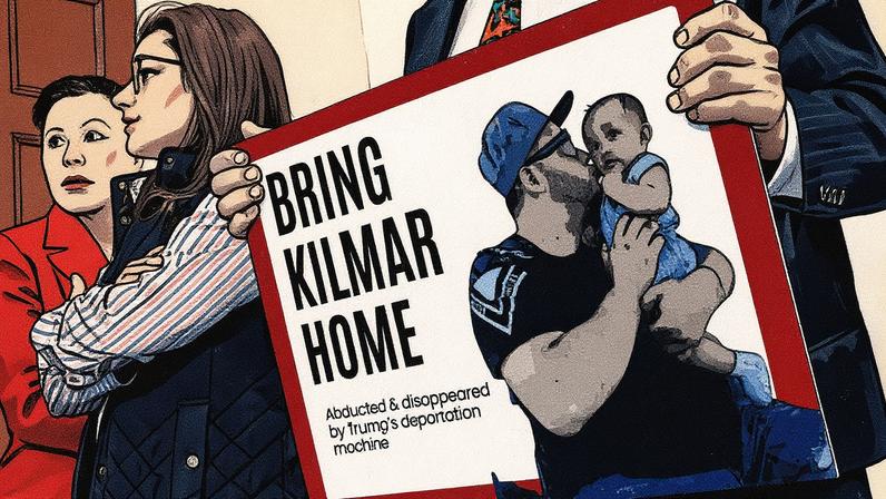 Membro da bancada hispânica da Câmara dos Deputados dos EUA com cartaz pedindo o retorno de Kilmar Armando Abrego Garcia, deportado por engano para El Salvador (Foto: ALEX WONG / GETTY IMAGES NORTH AMERICA / AFP)