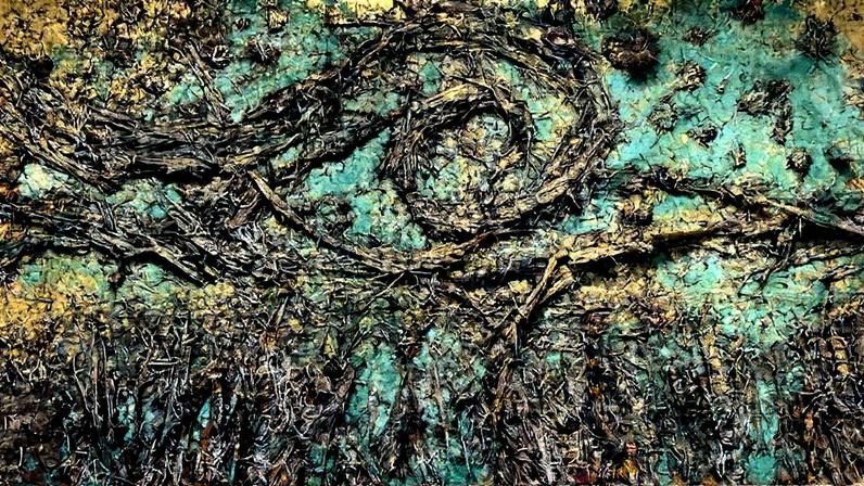 Ajuste apertado: A Noite Estrelada de Anselm Kiefer (2019) ao lado de sua escultura de girassol em ascensão Danaë (2019) (Foto: The Art Newspaper)
