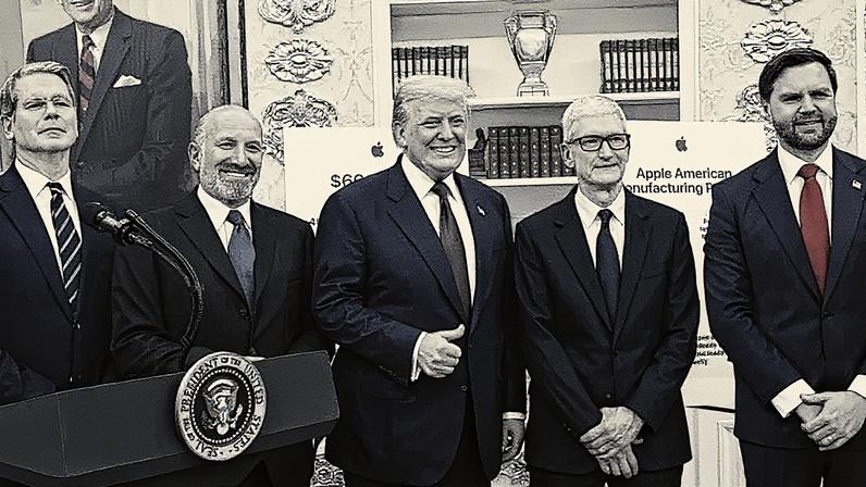 O presidente dos EUA, Donald Trump (C), posa para uma foto com (E-D) o secretário do Tesouro dos EUA, Scott Bessent, o secretário de Comércio dos EUA, Howard Lutnick, o CEO da Apple, Tim Cook, e o vice-presidente dos EUA, JD Vance, durante um evento no Salão Oval da Casa Branca em 6 de agosto de 2025, em Washington, DC. (Foto: Win Mcnamee | Getty Images)