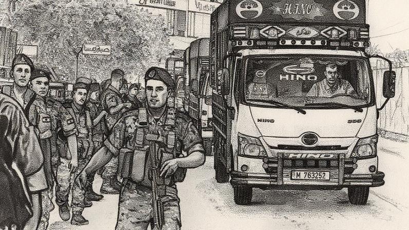 Soldados do exército libanês escoltam caminhões com armas entregues por facções palestinas do campo de refugiados de Rashidiyeh, passando pela cidade de Tiro, no sul do Líbano (Foto: Reprodução)