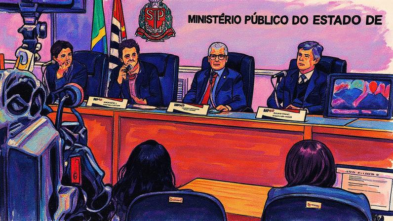 Promotores do MP-SP e o procurador-geral de Justiça durante entrevista coletiva sobre a Operação Ícaro (Foto: Reprodução)