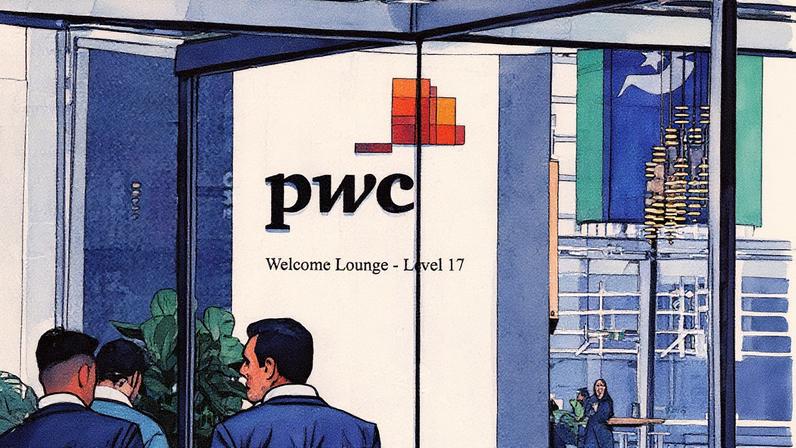 Logo da PwC no escritório da empresa em Sydney, na Austrália (Foto: Lewis Jackson - 22.jun.23/Reuters)