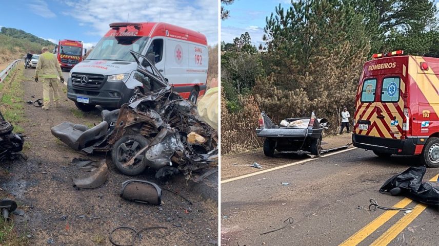 Picape partiu ao meio em acidente na Serra do Cadeado, em Guarapuava (Foto: Polícia Rodoviária Estadual)