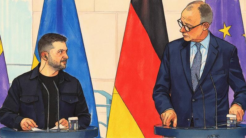 Friedrich Merz, da Alemanha, recebeu o presidente Zelensky em Munique na quarta-feira. (Foto: EPA)