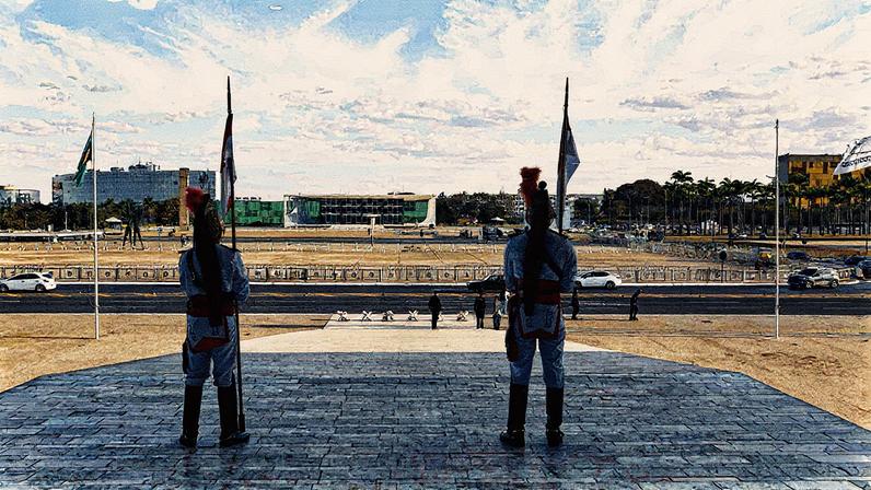 Dragões da Independência estão posicionados na rampa do Palácio do Planalto, com a Praça dos Três Poderes e o prédio do STF ao fundo (Foto: Reprodução)