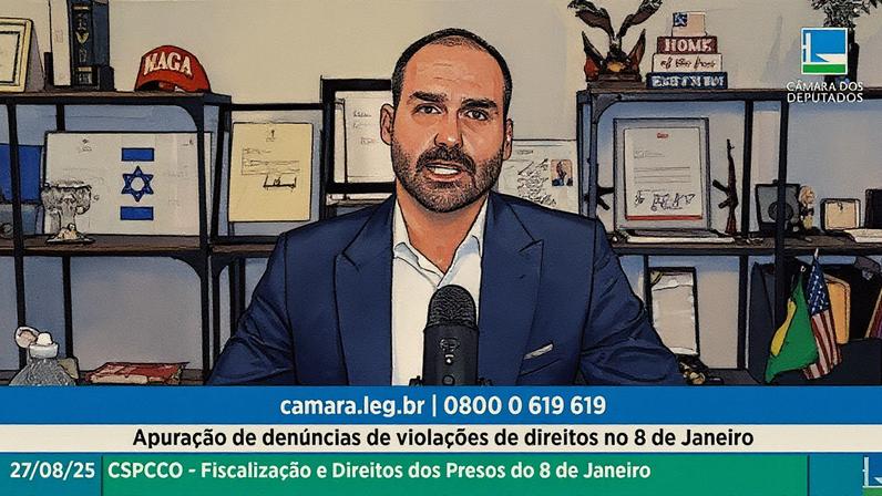 Eduardo Bolsonaro participa de sessão de subcomissão da Câmara dos Deputados sobre os eventos de 8 de Janeiro nos Estados Unidos (Foto: Reprodução)