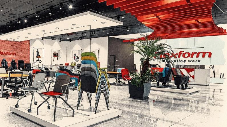 Exposição de cadeiras da Flexform na fábrica da empresa, em Guarulhos (Foto: Flexform/Divulgação)