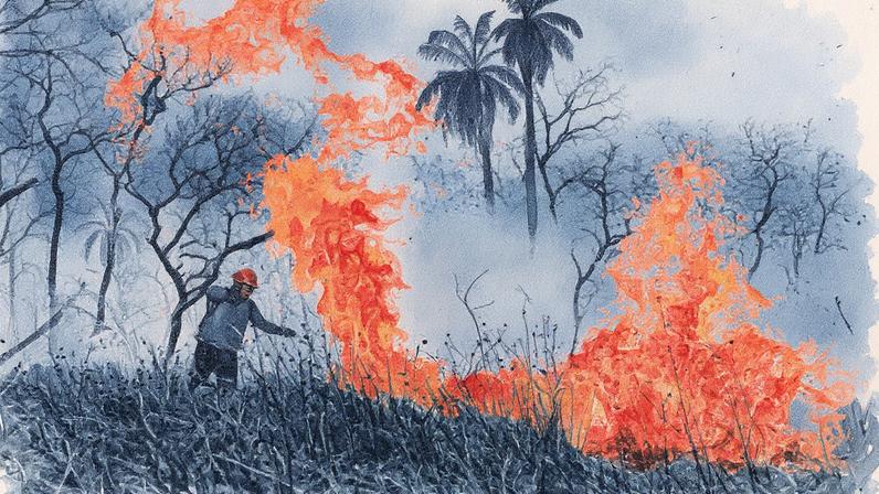 Voluntários da aldeia de Tomazia, no território indígena de Kadiweu, lutam contra as chamas no humedal tropical mais grande do mundo, no Brasil, em 13 de setembro de 2024. (Foto: Diego Cardoso/Dpa/Picture Alliance/Getty Images)