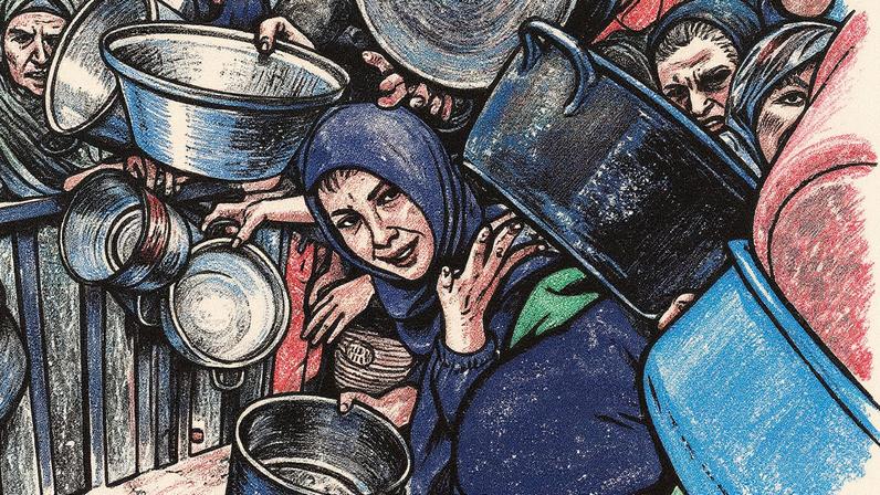 Um grupo de gazatíes deslocados faz fila para receber comida em Khan Yunis, no sul de Gaza. (Foto: HAITHAM IMAD/EFE)