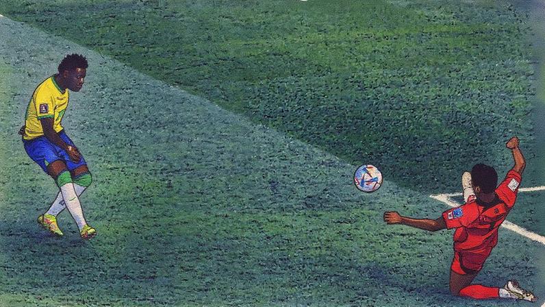 A calma de Vinicius Jr. ao abrir o placar para o Brasil contra a Coreia do Sul nas oitavas da Copa de 2022 (Foto: GLYN KIRK/AFP)