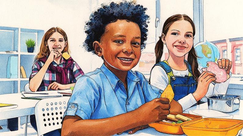 Três crianças sentadas em uma sala de aula clara e iluminada. A criança em primeiro plano, com camiseta azul, sorri enquanto segura um biscoito, com um pote de lanche amarelo à frente. Ao fundo, duas meninas, uma de macacão jeans e outra com camisa xadrez, também estão comendo. (Foto: USP Imagens)