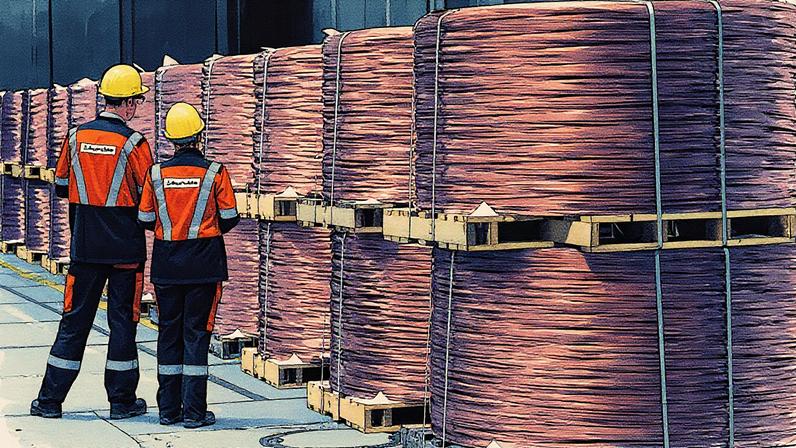Bobinas de fios de cobre enrolados estão empilhadas em paletes na fábrica de fios (coiler) da Aurubis AG. (Foto: Picture Alliance | Getty Images)