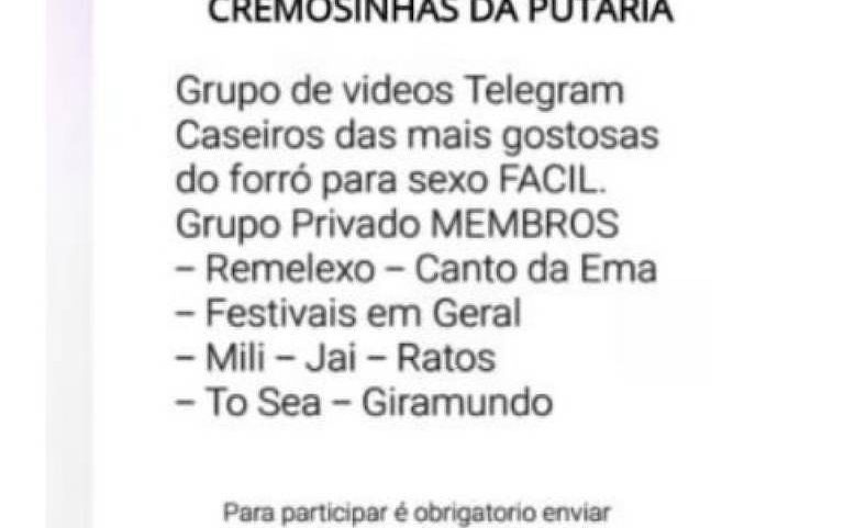 Grupo de Telegram 'Cremosinhas da Putaria', que divulgava vídeos íntimos de mulheres sem consentimento (Foto: Reprodução)