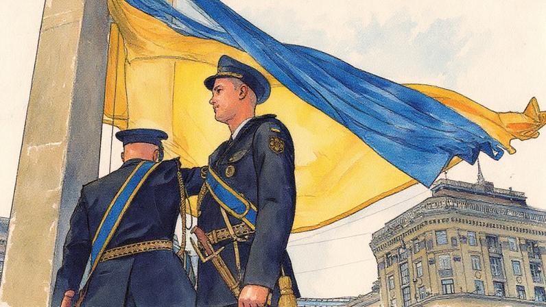 Servidores levantam a bandeira da Ucrânia na capital Kyiv enquanto as celebrações do dia da independência começam (Foto: EPA)