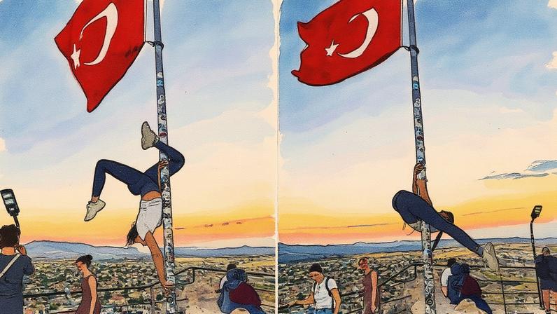 Turista é investigada por fazer pole dance em mastro de bandeira da Turquia (Foto: Reprodução)