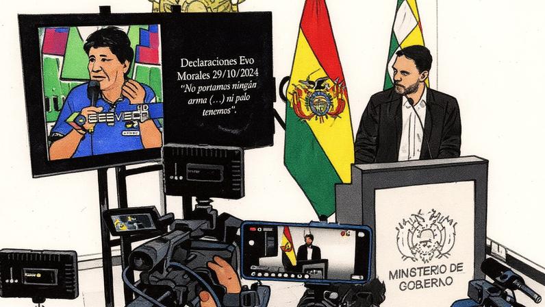 Ministro do governo boliviano, Eduardo del Castillo, dá entrevista coletiva sobre a situação dos bloqueios de estradas e a autorização do ex-presidente Evo Morales para porte de armas de fogo em La Paz, em 30 de outubro de 2024. Morales está sob investigação por estupro, tráfico de pessoas e contrabando de seu alegado relacionamento com uma menina de 15 anos em 2015. Os manifestantes têm bloqueado estradas desde 14 de outubro na esperança de evitar a sua prisão. Ele afirma que as acusações foram forjadas para tentar impedi-lo de retornar ao poder (Foto: Jorge BERNAL/AFP)