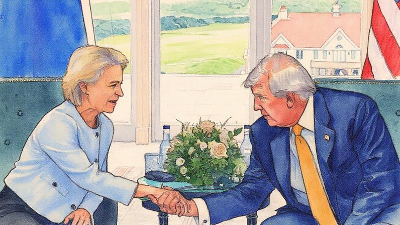 A chefe da Comissão Europeia, Ursula von der Leyen, e Donald Trump, no anúncio inicial do acordo, em julho, na Escócia (Foto: Jacquelyn Martin/AP)