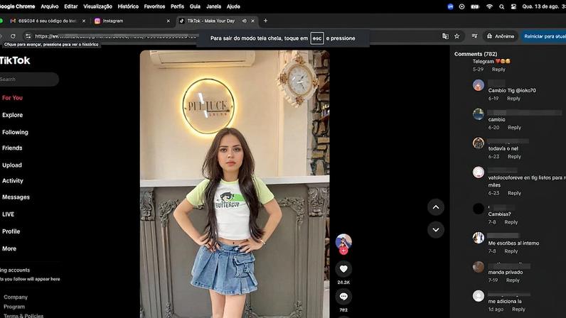 Vídeo de criança no Tik Tok tem mensagens com a palavra "cambio" no espaço de comentários, que indica pedido de troca de imagens de pedofilia (Foto: Reprodução)