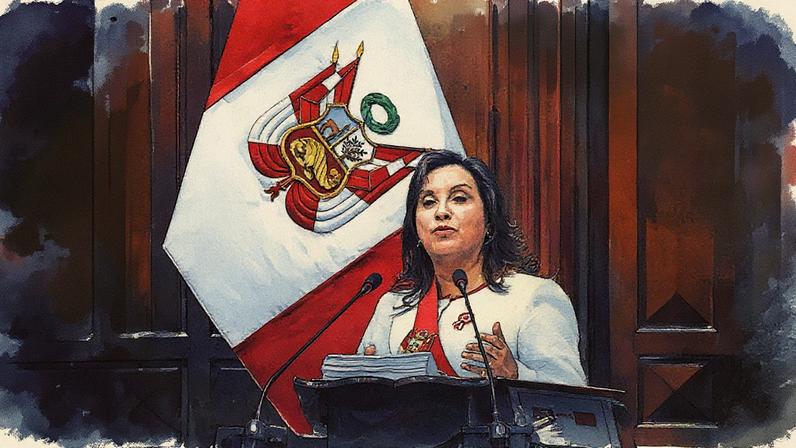 Dina Boluarte, em Lima, Peru, no dia 28 de julho de 2025. (Foto: John Reyes/EFE)