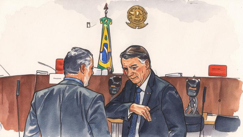 Jair Bolsonaro em interrogatória em ação penal da trama golpista no STF. (Foto: Brenno Carvalho / Agência O Globo)
