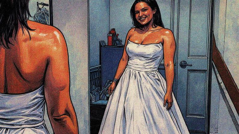 Vários vestidos de noiva pendurados na vitrine de uma loja em San Diego, Califórnia (Foto: Reprodução)