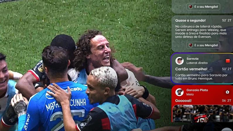 Simulação de serviços da TV 3.0 durante partida entre Flamengo e Atlético Mineiro: som só da torcida e dos times, com alerta sobre principais lances (Foto: Reprodução)