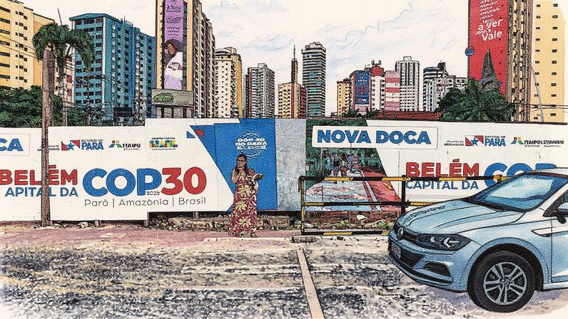 Trânsito intenso e congestionamento na Nova Doca, durante obras em Belém para a COP30 (Foto: Alessandro Falco - 17.abr.25/Folhapress)