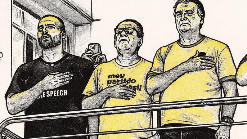 Deputado Eduardo, o pastor Malafaia e o ex-presidente Bolsonaro em ato na Avenida Paulista (Foto: Reprodução)