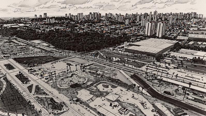 Parque da Cidade, principal local da cúpula COP30, em construção em Belém, em maio. (Foto: Alessandro Falco/Bloomberg)
