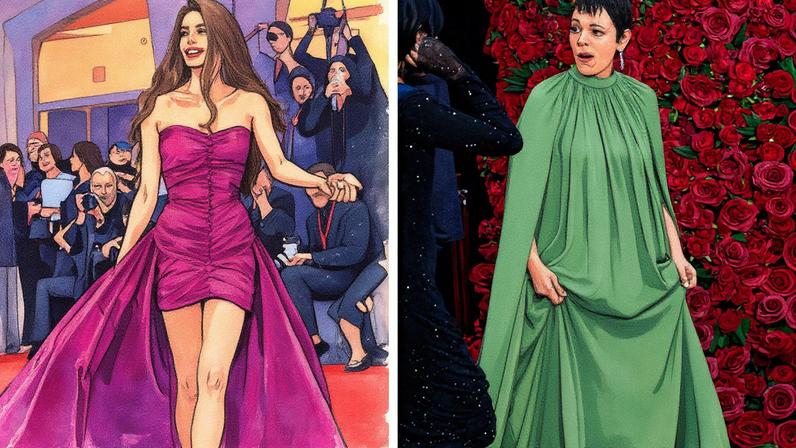 Amal Clooney e Olivia Colman com seus vestidos molhados (Foto: Getty Images)