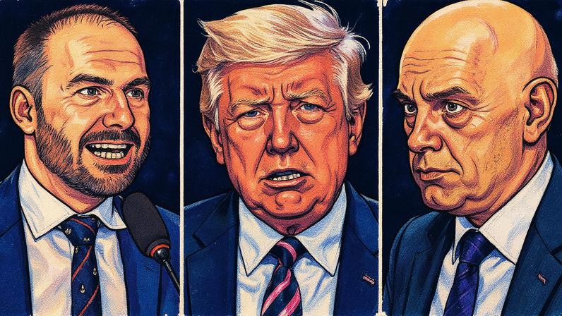 Eduardo Bolsonaro (à esquerda) afirma que envio de auxiliar do governo de Donald Trump (centro) servirá para a discussão de sanções contra o ministro do STF Alexandre de Moraes (à direita); versão é contestada pela embaixada dos EUA no Brasil (Foto: Gilmar Felix/Agência O Globo; Saul Loeb/AFP e Jorge William/Agência O Globo)
