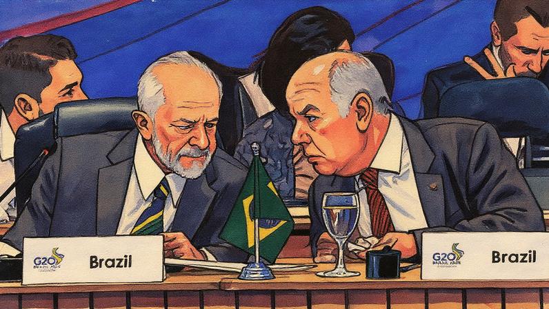 Presidente do Brasil, Luiz Inácio Lula da Silva, conversa com o chanceler, Mauro Vieira, durante reunião ministerial do G20 (Foto: Reprodução)