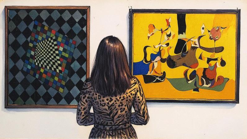 Wassily Kandinsky's "Quatre' (1927) à esquerda, com 'Garden in Sochi' (1940–41) de Arshile Gorky à direita. (Foto: Sotheby's)