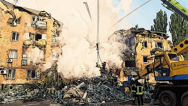 Os bombeiros extinguem o fogo em um dos edifícios atingidos por um míssil russo nesta quinta-feira em Kiev. (Foto: Reprodução)