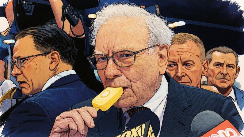 Warren Buffett morde um picolé durante a feira comercial na reunião anual da Berkshire Hathaway em Omaha, Nebraska (Foto: Reprodução)